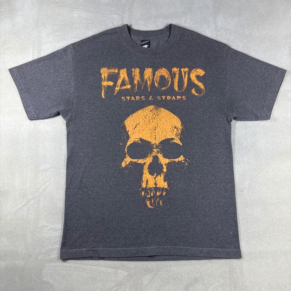 Famous Stars and Straps Vintage Y2K Skull Graphic T-Shirt Charcoal Grey Large